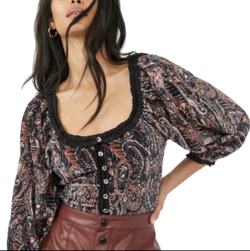 Free People Black and Pink Paisley Smocked Blouse - Picture 1 of 6